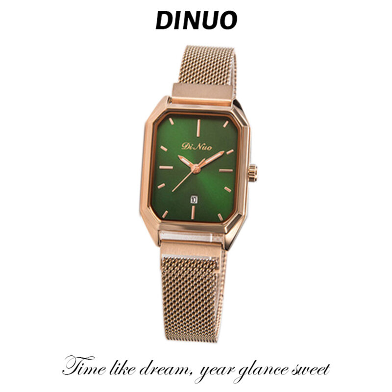 Dinuo-숙녀 핸드 폼 캘린더 작은 녹색 시계, Ins 윈드 라이트 럭셔리 레트로 스퀘어 디스크 다양한 시계 밴드
