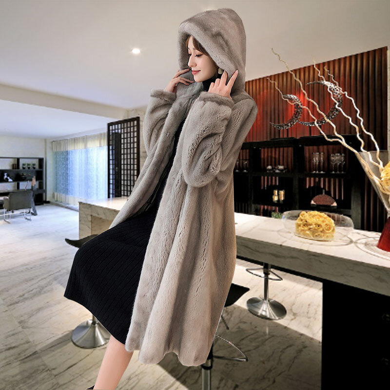 Winter new mink parka womens jacket over-the-knee waterproof mink fur coat female fashion medium long Thicken overcoat