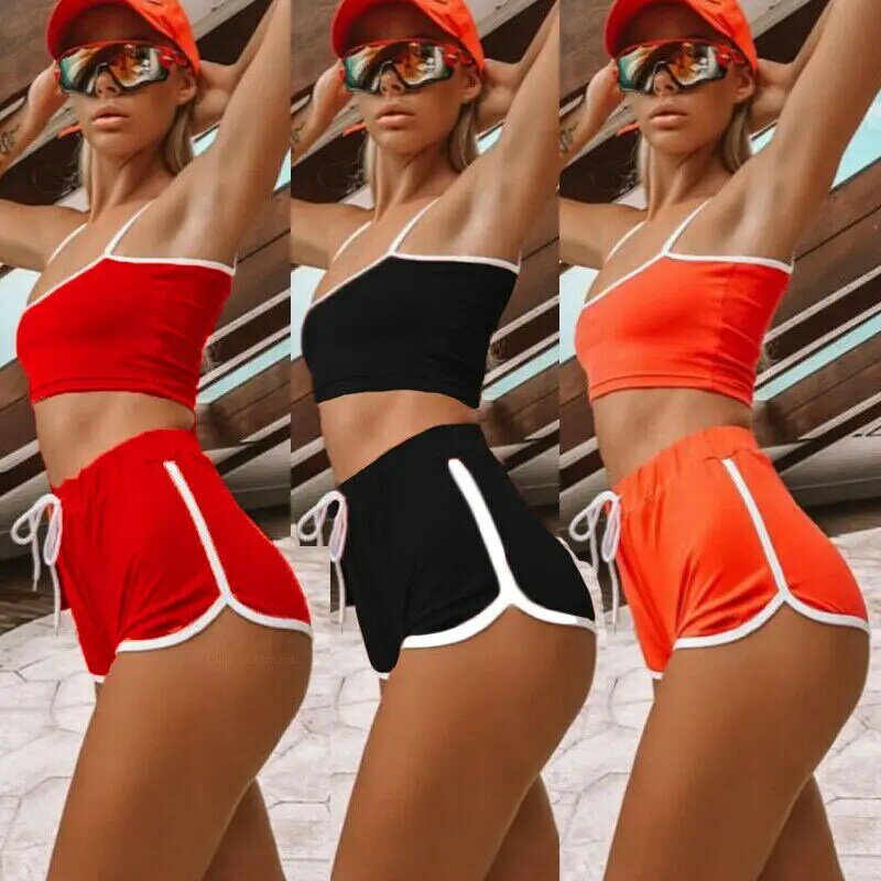 Sexy Vrouwen Patchwork Pak Workout Sport Set String Vest Korte Crop Tops + Hot Shorts Broek Atletische Korte Sets Meisje