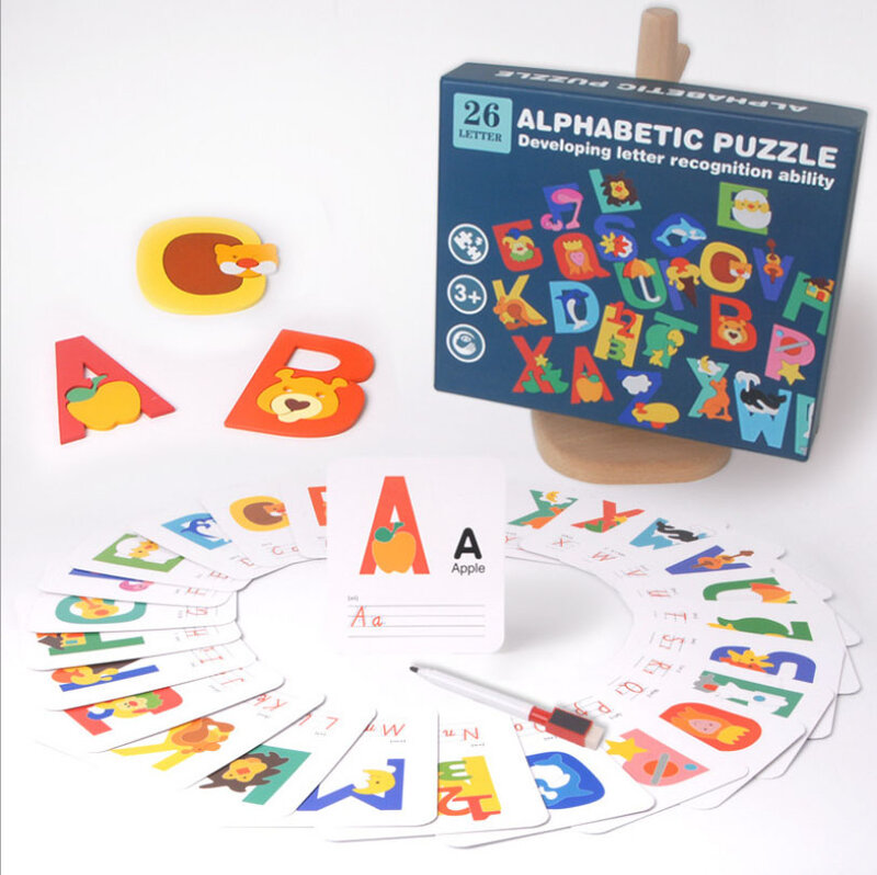 เด็กอ่านสะกดการเรียนรู้ของเล่นไม้ตัวอักษรแฟลชการ์ดจับคู่คำศัพท์ ABC ตัวอักษรการรับรู้เกมสำหรับเด็กวัยหัดเดิน