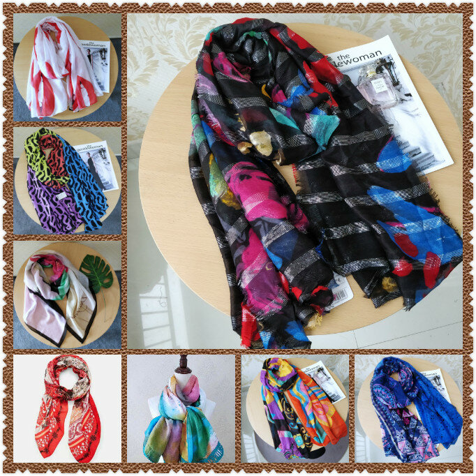 Bufanda con logotipo popular para mujer, chal estampado de personaje floreado, bufanda larga de seda, moda en Español D