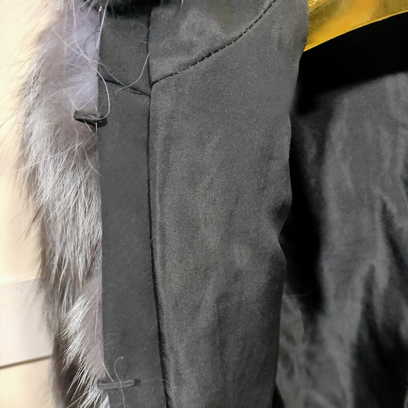 Genuine Fox Jacket Real natural raccoon Silver Fox Fur Hoodie Jacket winter warm women's clothing length 60 cm