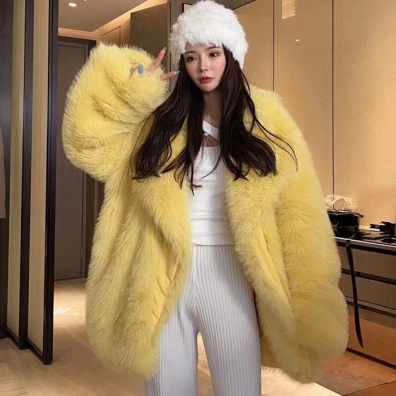 두껍고 따뜻하고 부드럽고 풍성한 인조 모피 코트 여성용, 긴팔 런웨이 스타일 캐주얼 솜털 재킷