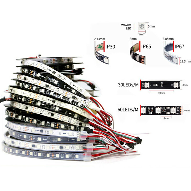 Dc12v 5m ws2811 led pixel strip luz rgb cor cheia 5050 led tira fita flexível endereçável digital led fita 1 ic controle 3