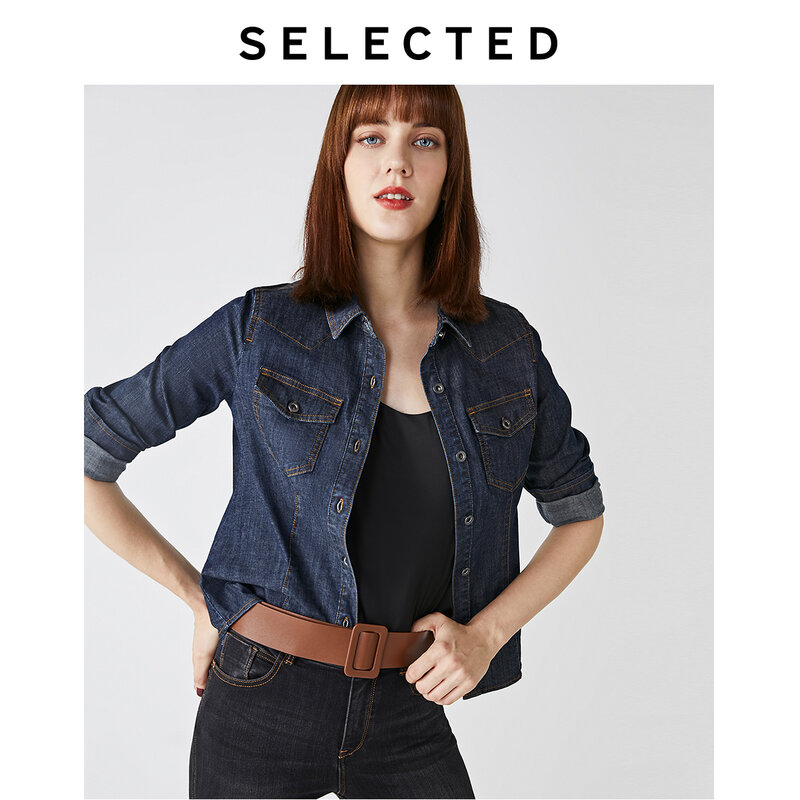 SELECTED Women's Autumn Retro Tooling Long-sleeved Denim Shirt S|419362501【Fan Get New Arrivals Coupons in the Description】