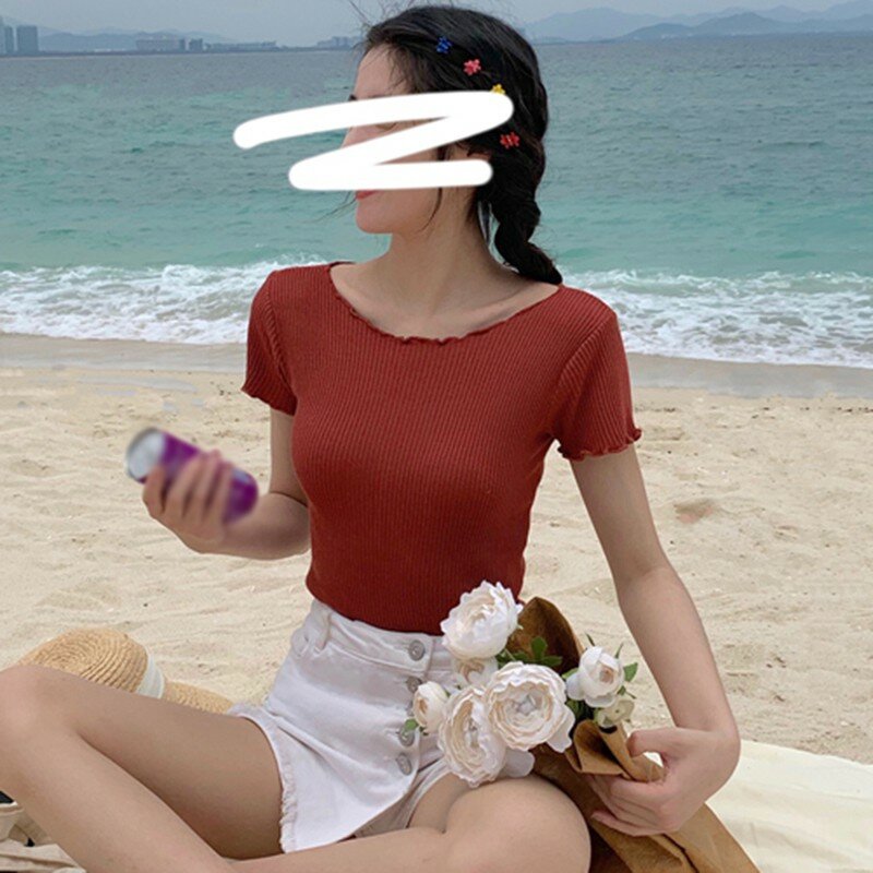 DAXIN-Camiseta con volantes para mujer, Camiseta de punto de manga corta lisa con cuello redondo, camiseta ajustada para chica