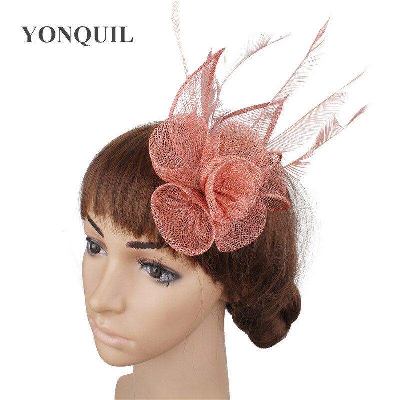 Sinamay Flower Wedding Headwear Bride Elehgant Women Fashion Fascinator Hat With Fancy Feather Hair Accessories And Hair Clip