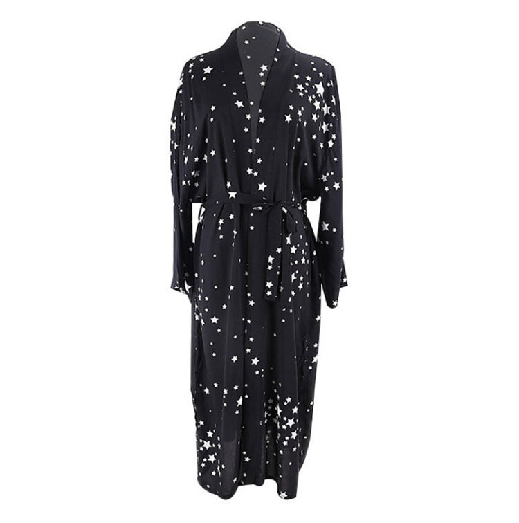 Vestido playero largo con estampado de estrellas para mujer, túnica negra con cuello de pico profundo, ropa de playa, traje de baño, Kimono