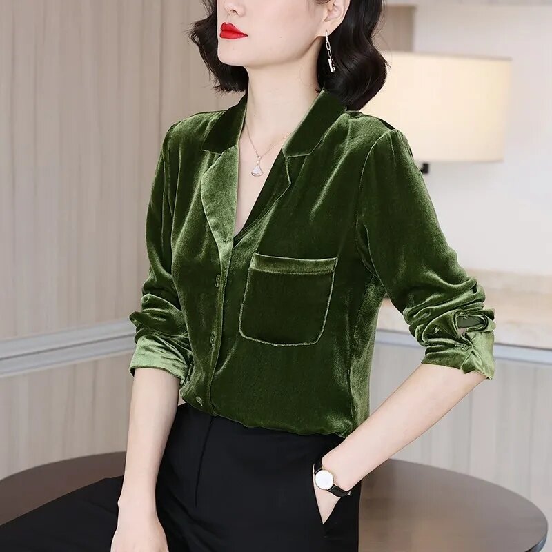 Spring Fall Velvet Vintage Shirts Smooth Classic Rerto Chic Casual Loose Blouses Office Lady Elegant Long Sleeve V-neck New Tops