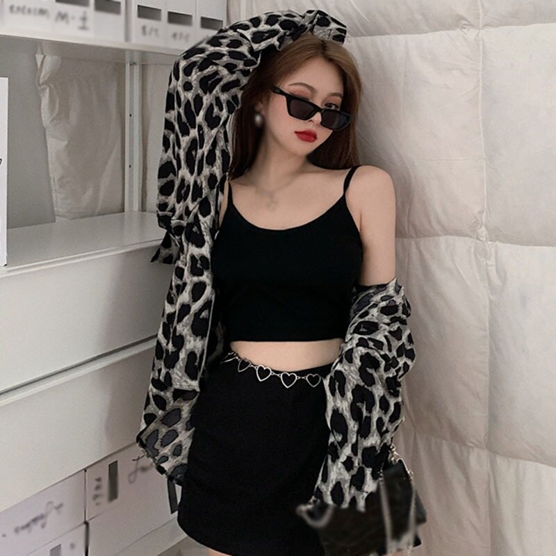 Camisa con estampado de leopardo para mujer, blusa holgada de manga larga, longitud media, estilo Retro Hong Kong, para primavera y otoño