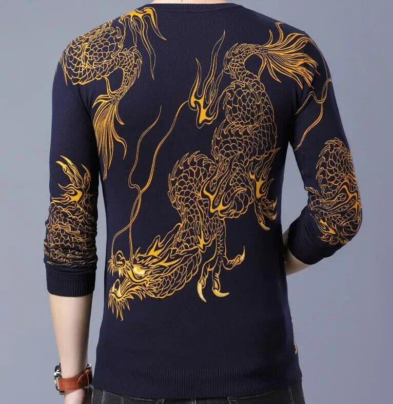 V Leher Lengan Panjang New Motif Katun Pria Dragon Tattoo Desain Musim Semi Musim Gugur Tipis Merajut Sweater Kemeja
