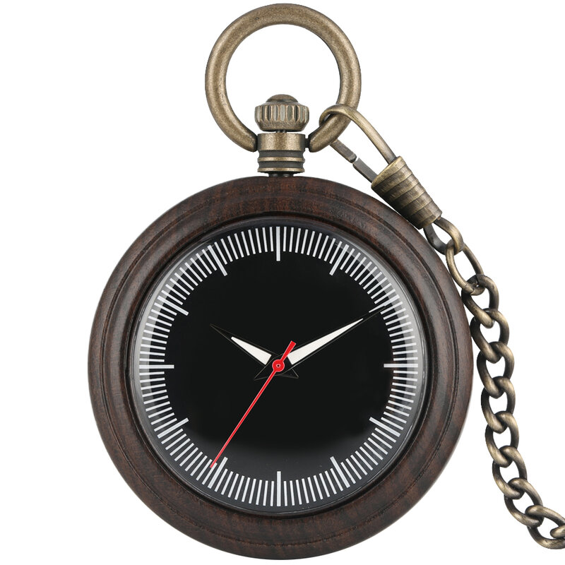 Przenośny ciemnobrązowy hebanowy kieszonkowy zegarek kwarcowy praktyczny duża okrągła tarcza z cyframi rzymskimi srebrny łańcuszek z wisiorem Unisex