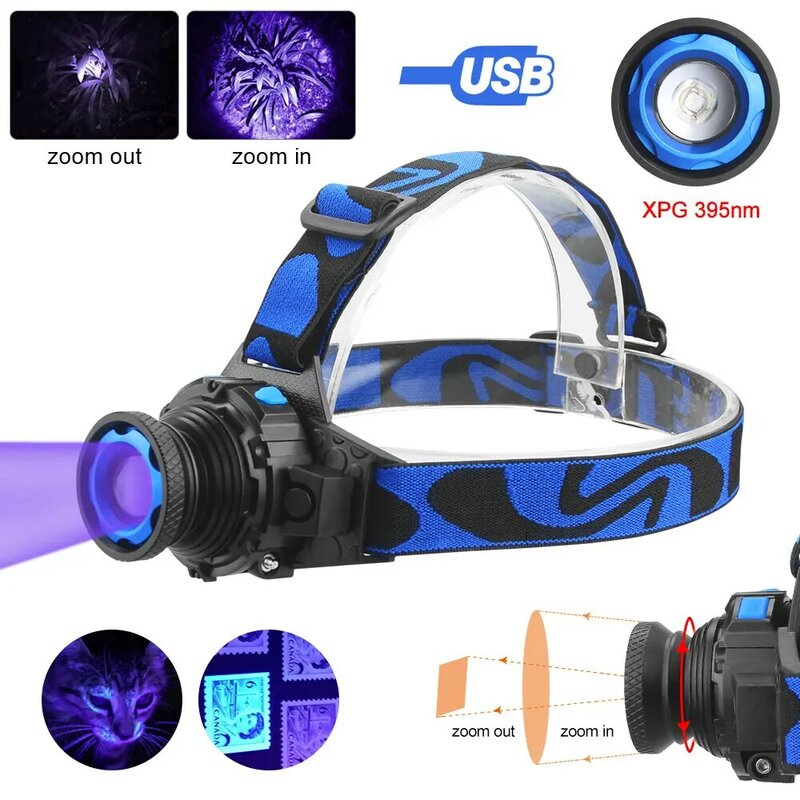UV 헤드램프 자외선 줌 가능 헤드라이트, USB 충전식 보라색 토치 캐치, 사냥 조명, 애완 동물 소변 감지기, 395nm