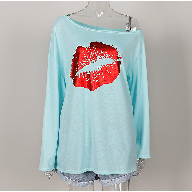 Plus Size 5XL Off Shoulder Blouse Women Red Lips Print Long Sleeve Female Blouses O-neck Casual 2020 Autumn Summer Tshirt Tops