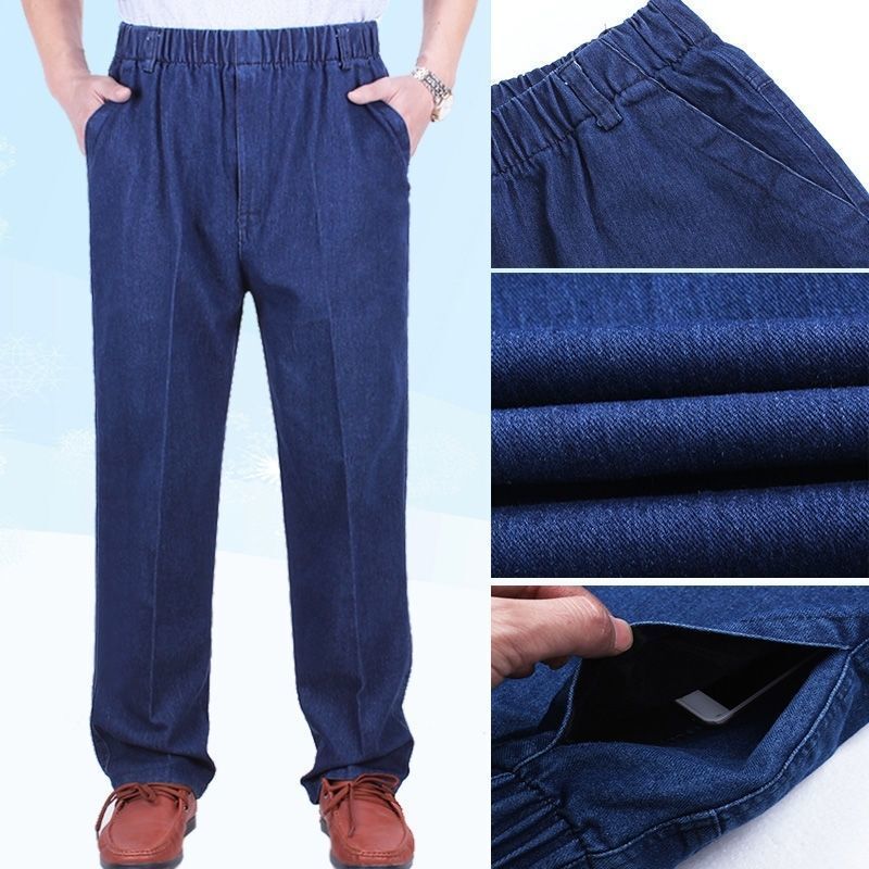 Calças jeans retas masculinas, roupa durável para o trabalho ao ar livre, cintura elástica, perna larga casual, calças jeans de algodão grosso, pai solto clássico