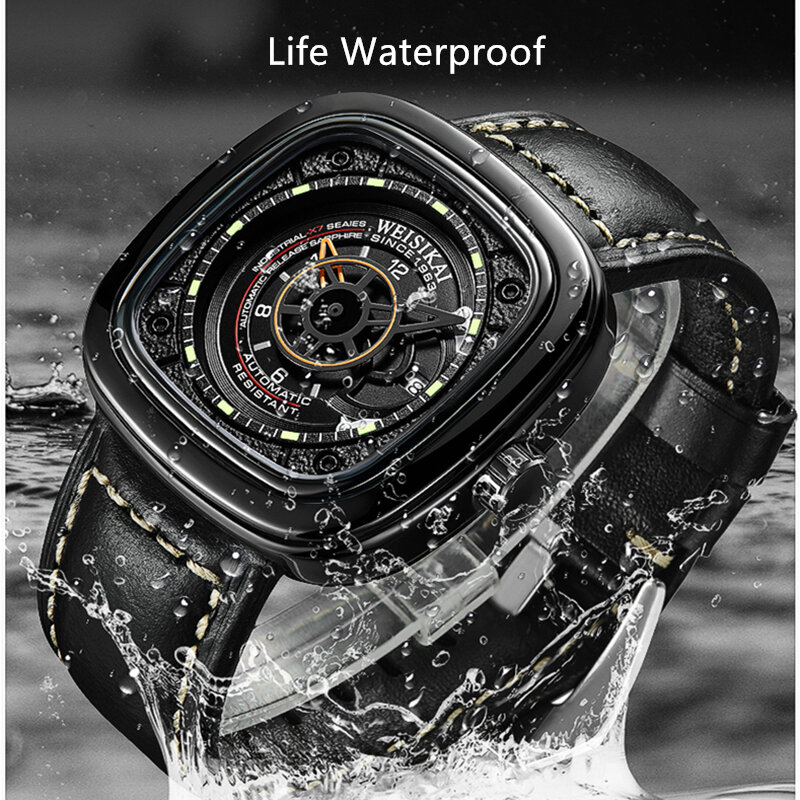 WEISIKAI – montre automatique mécanique pour hommes, créative, étanche, en cuir, cadran lumineux carré, calendrier, horloge de Sport, 601