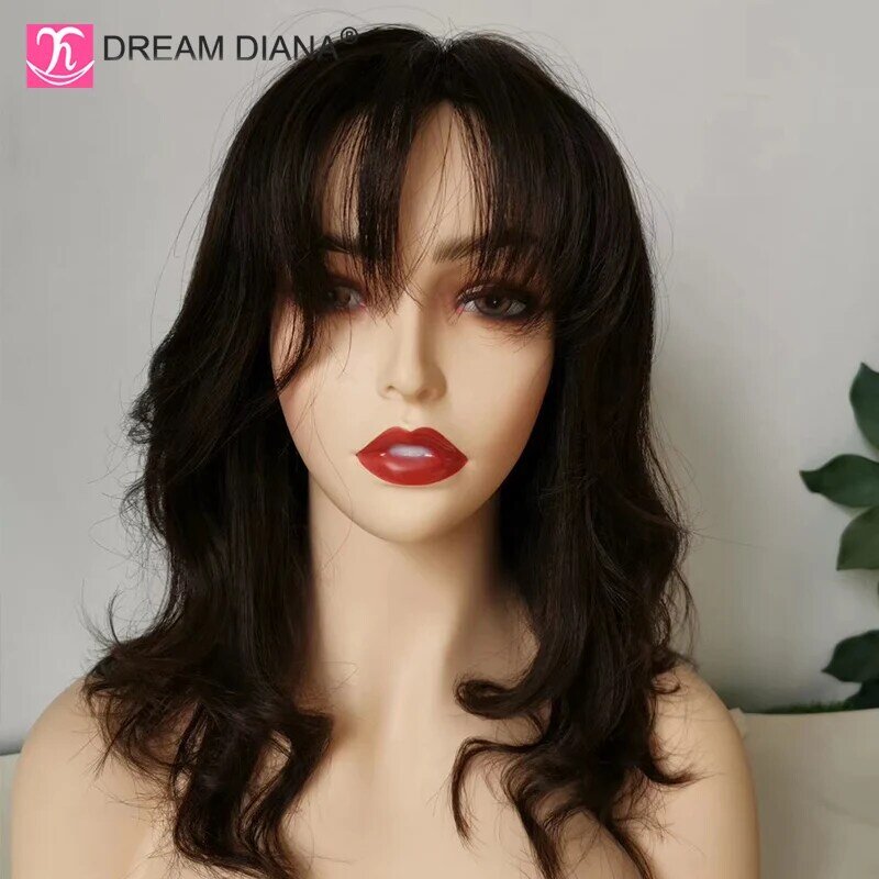 Dream Diana-Peluca de cabello humano ondulado con flequillo, postizo de encaje frontal sin pegamento, 13x4, predesplumada