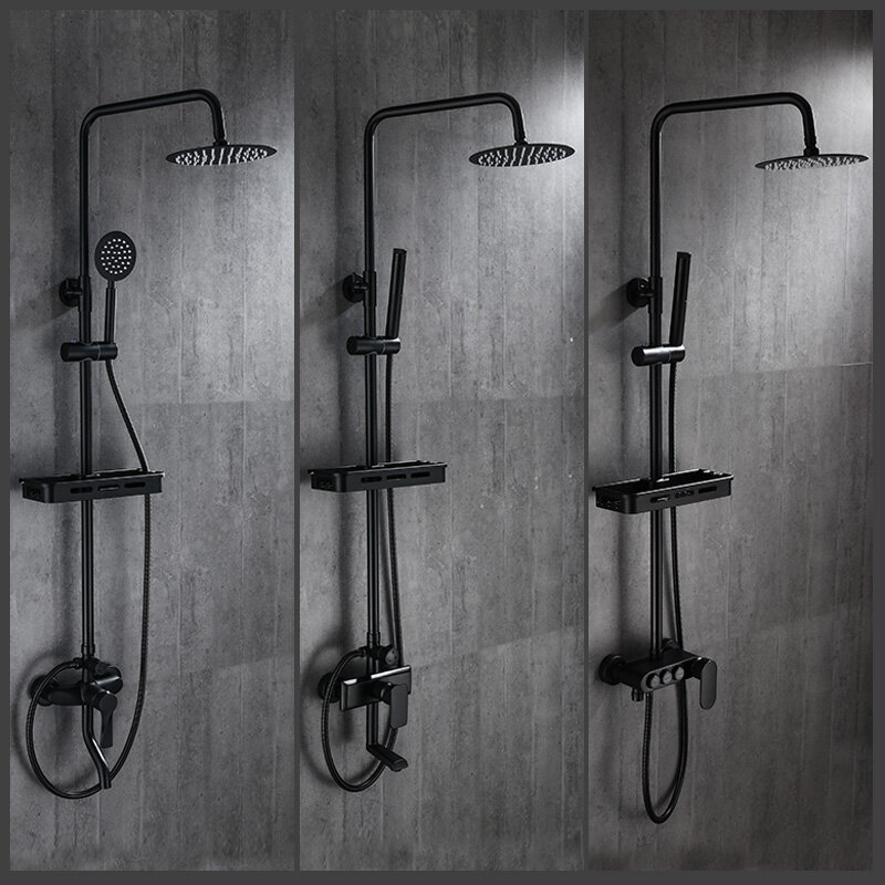 Ensemble de robinets de douche pluie noirs, montage mural, rangement, robinet mitigeur de bain chaud-froid avec douchette à main EL3903