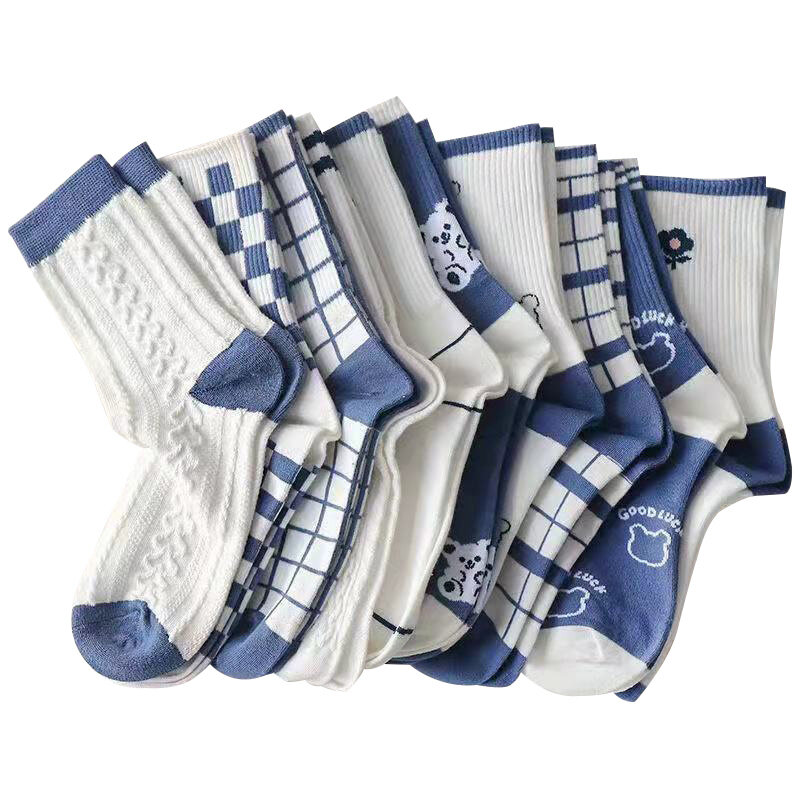 1 par de calcetines de algodón cálidos para mujer, medias deportivas Kawaii con estampado de tubo medio para estudiantes, color azul, Otoño e Invierno