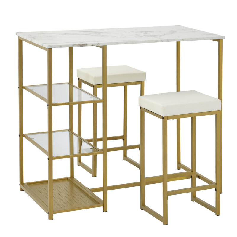 3-Piece Modern Pub Set dengan Meja Marmer Imitasi dan Kursi Bar, Putih/Emas