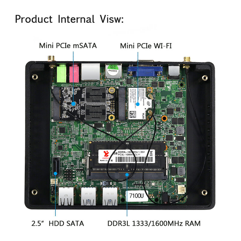 HTPC คอมพิวเตอร์คอมพิวเตอร์ขนาดเล็กไม่มีพัดลม I3 7100U i5 5200U Windows 10 Pro DDR3L Linux HD VGA WiFi 6 * USB OFFICE PC