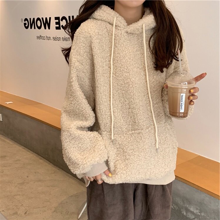 2020 Autumn And Winter New Bear Ears Lamb Velvet Ladies Hoodie Plus Velvet Thick Loose Furry Solid Color Casual Women Pullover