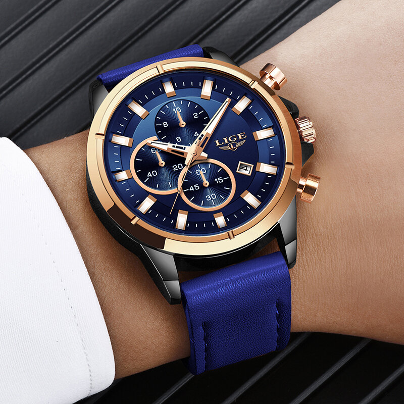 2020 패션 블루 가죽 시계 LIGE Mens 시계 남성용 최고 브랜드 럭셔리 쿼츠 골드 시계 방수 크로노 그래프 Reloj Hombre
