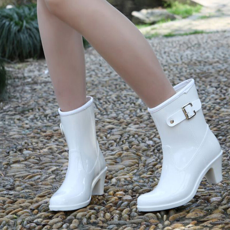 Hak Tinggi Wanita Sepatu Bot Hujan Wellington Perempuan Sepatu Hujan Wanita dengan Hangat Liner