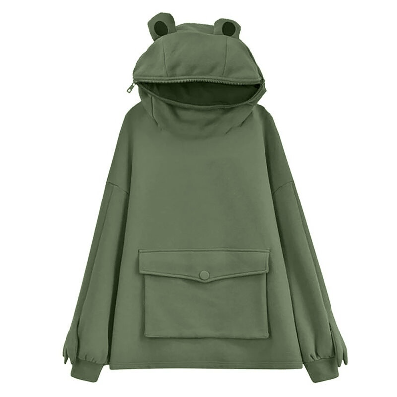 Damska nowość żaba bluza z kapturem z długim rękawem jednolity kolor płaszcz z kapturem z leniwy styl kieszenią z klapką