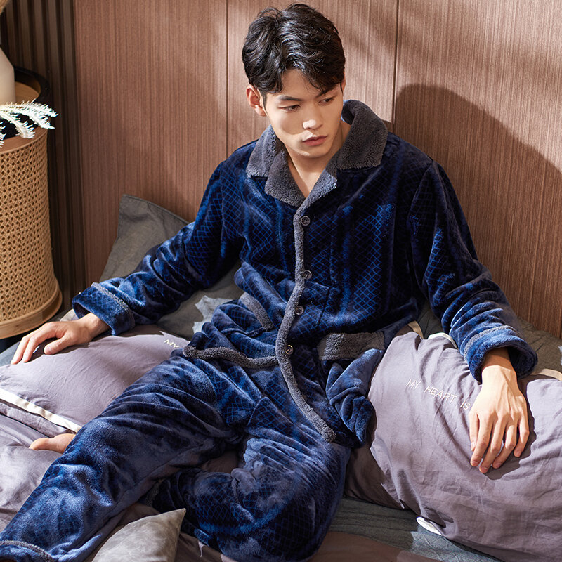 ชายชุดนอนชุด Splicing ชุดนอน Flannel Cardigan Homewear ฤดูใบไม้ร่วงฤดูหนาว Warm Fleece Pijamas Hombre สบายๆชุดนอน