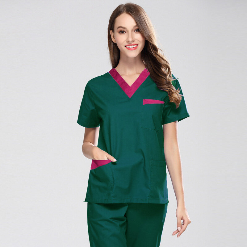 Women's Color Blocking Scrubs Set or Scrub Top Short Sleeve V Neck Top Doctor Nurse Dentist Workwear Pure Cotton Medical Uniform