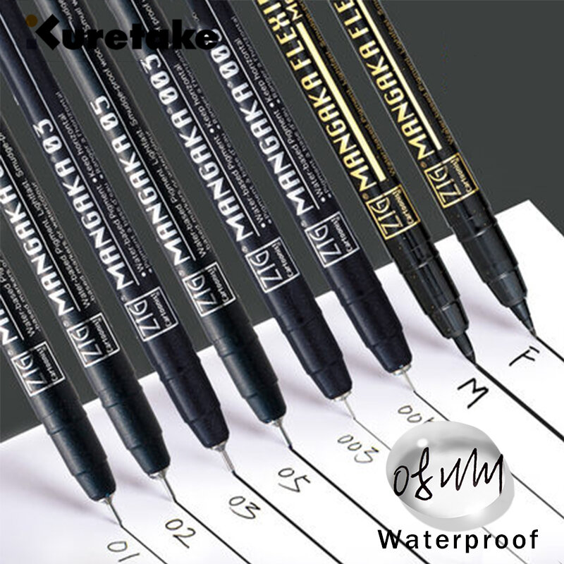 Kuretake caneta de agulha à prova d'água, linha de gancho desenho animado, canetas de design arquitetural à prova d' água 003/01/02/03/05/08/f/m