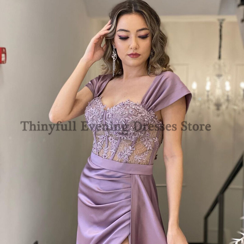 Gaun Malam Prom Seksi Thinyfull Gaun Pesta Applique Bahu Terbuka Gaun Koktail Panjang Lantai Terpisah Tinggi Dubai Arab Saudi