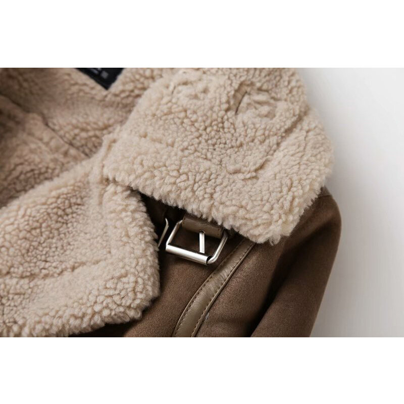 女性用シープスキンジャケット,フェイククローク,厚手の暖かいスエードコート,ラムブラウン,冬