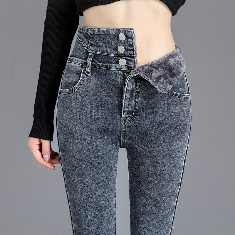 Jeans Skinny caldi a vita alta in pile spesso invernale di alta qualità pantaloni a matita con bottoni elasticizzati da donna spessi Jeans Casual in velluto per mamma