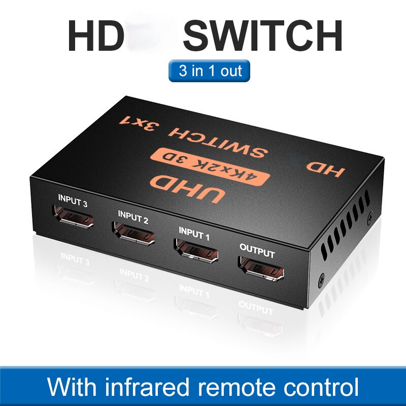 Répartiteur HD 3 en 1 avec télécommande infrarouge, boîte en fer 4k, commutateur compatible HDMI, distributeur vidéo HD 3 en 1