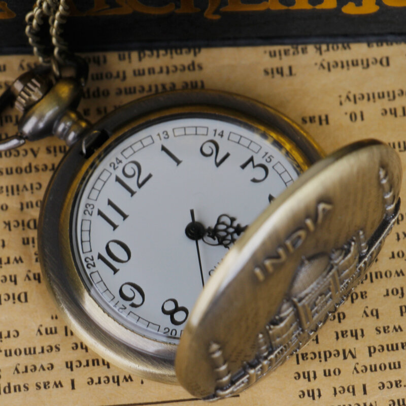 Bronze Pocket Watch Quartz Colar Pingente Relógio Full Hunter com Fob Cadeia Lembrança