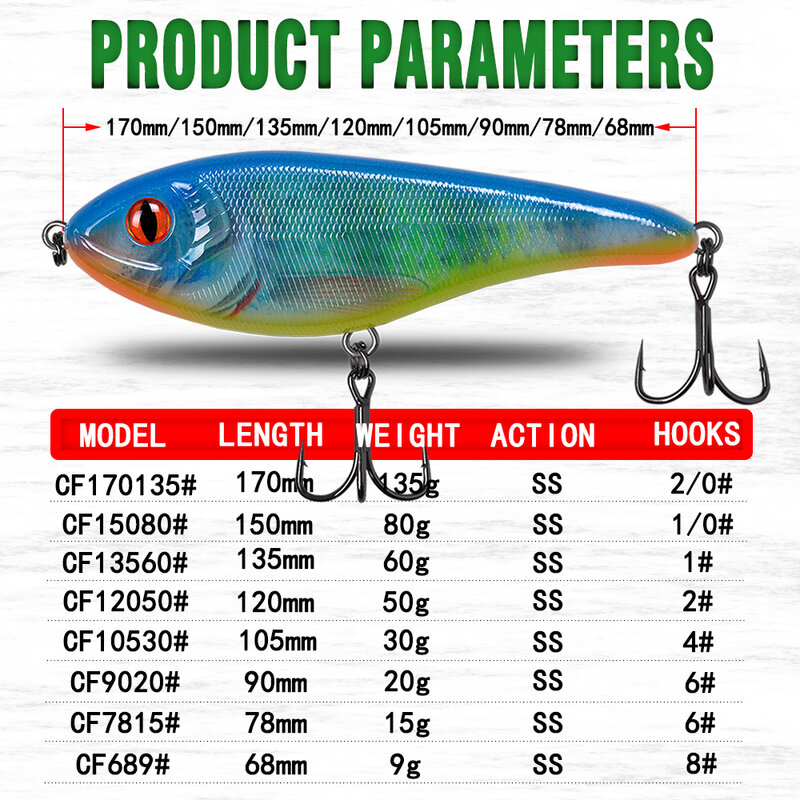 Señuelo de pesca luminoso CF, Jerkbait de hundimiento lento, 68mm/78mm/90mm/105mm, Musky Pike Slider Bass