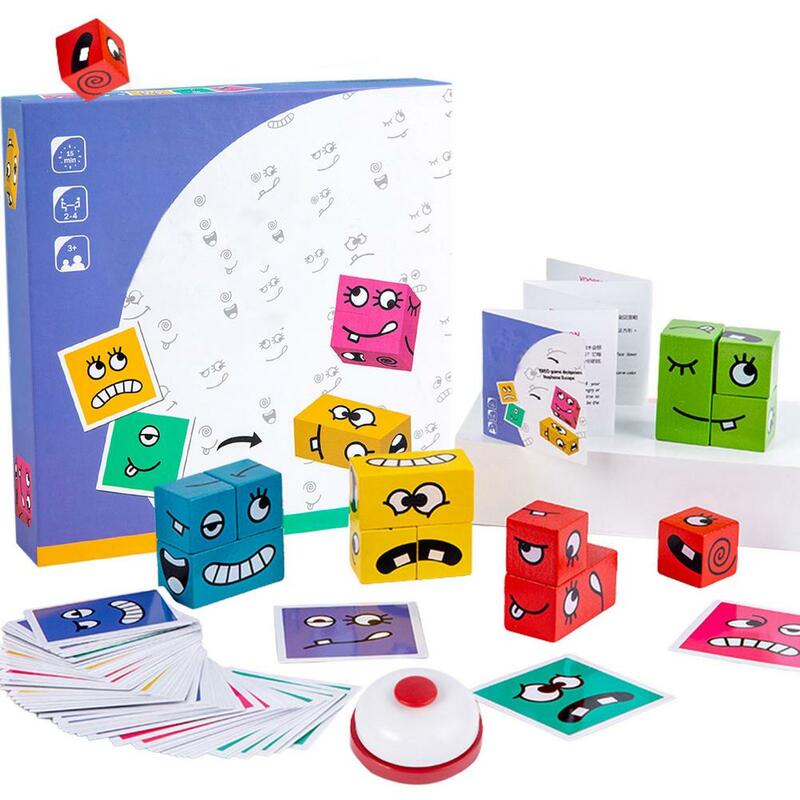 Expressões de madeira brinquedo de madeira cubo mágico rosto padrão blocos de construção educacional montessori brinquedos para crianças diversão 64 cartões