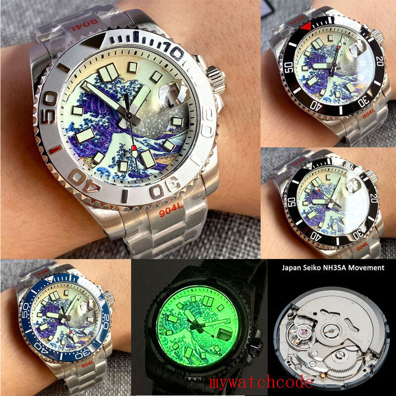 40Mm 24 Juwelen Japan NH35A Lichtgevende Kanagawa Dial Sapphire Crystal 200M Automatische Heren Horloge Armband 120 Klikken bezel