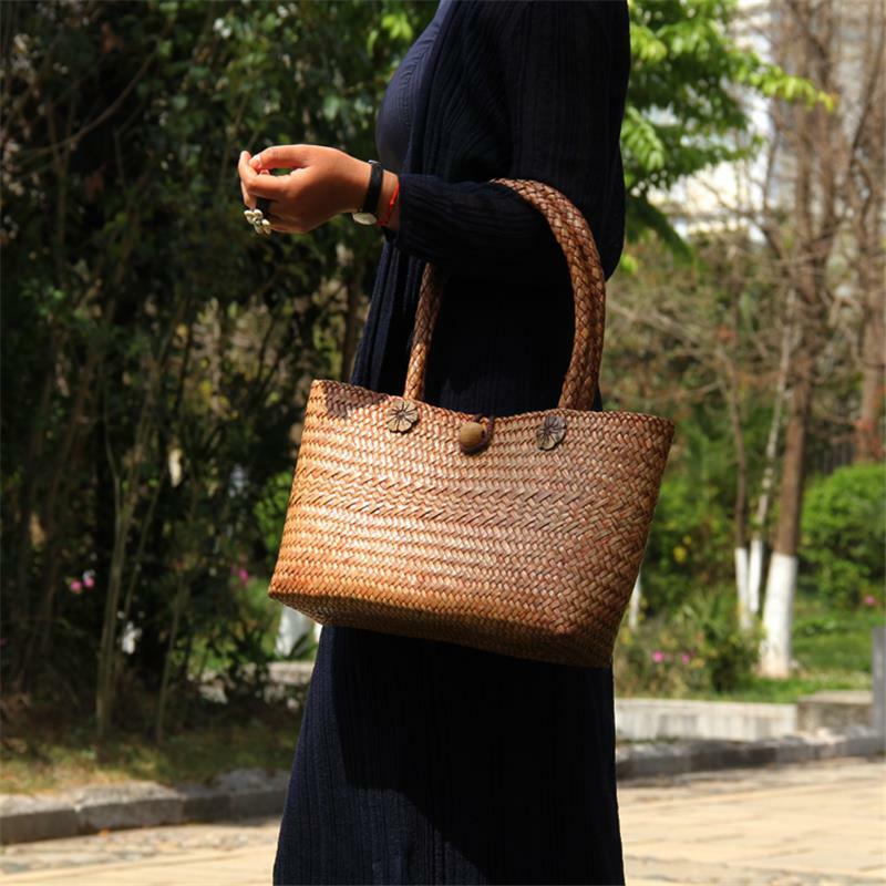 Bolsa de ombro de palha de cor sólida 38x20cm, bolsa feminina de viagem e praia, jardim artesanal de rattan, tecelagem feminina a6100