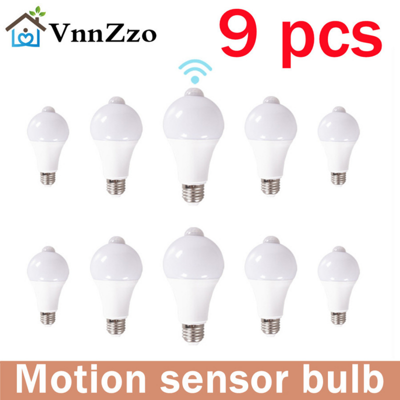 Lámpara de 9 piezas con Sensor de movimiento PIR, Bombilla inteligente E27, 9W, 12W, 15W, para el hogar, porche, patio, garaje