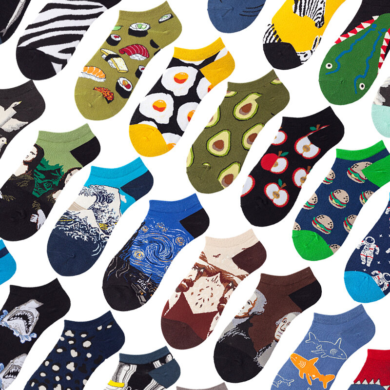 Calcetines invisibles divertidos de algodón para hombre y mujer, calcetín de corte bajo, con dibujos de frutas y animales, 5 pares
