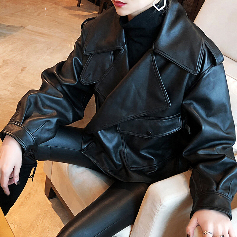 Новое поступление 2021, Женская мотоциклетная куртка из натуральной кожи, женское свободное кожаное пальто
