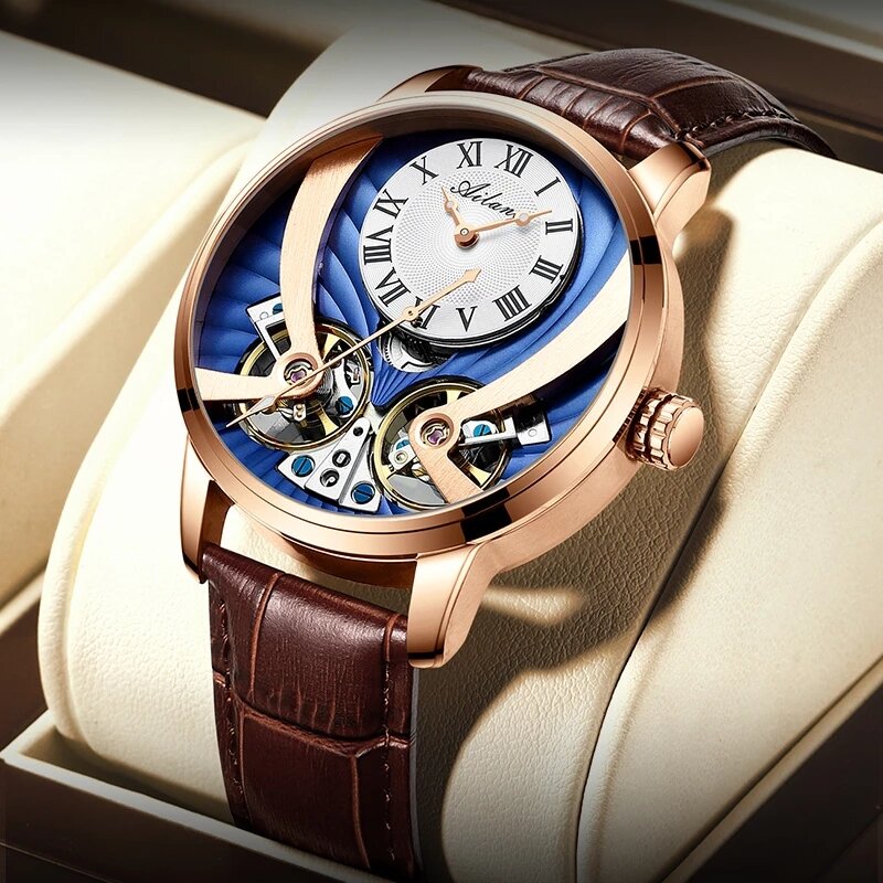 Relógios de negócios turbilhão duplo masculino, marca de topo, luxo, casual, automático, mecânico, relógio esportivo, couro genuíno, relógio masculino