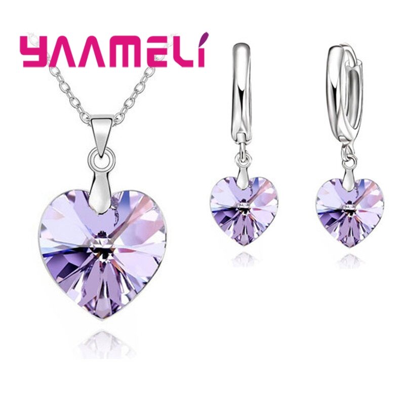 925 Sterling Silver Heart Shape Jewelry Set para mulheres, moda casamento, pingentes de cristal, colares, brinco, amor