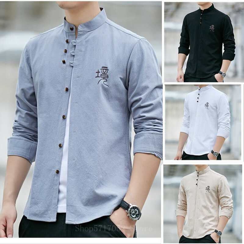 Camisa tradicional china Retro informal para hombre, Tops de algodón, cuello levantado, Color sólido, ropa de Kung Fu, Túnica, traje Tang, 2022