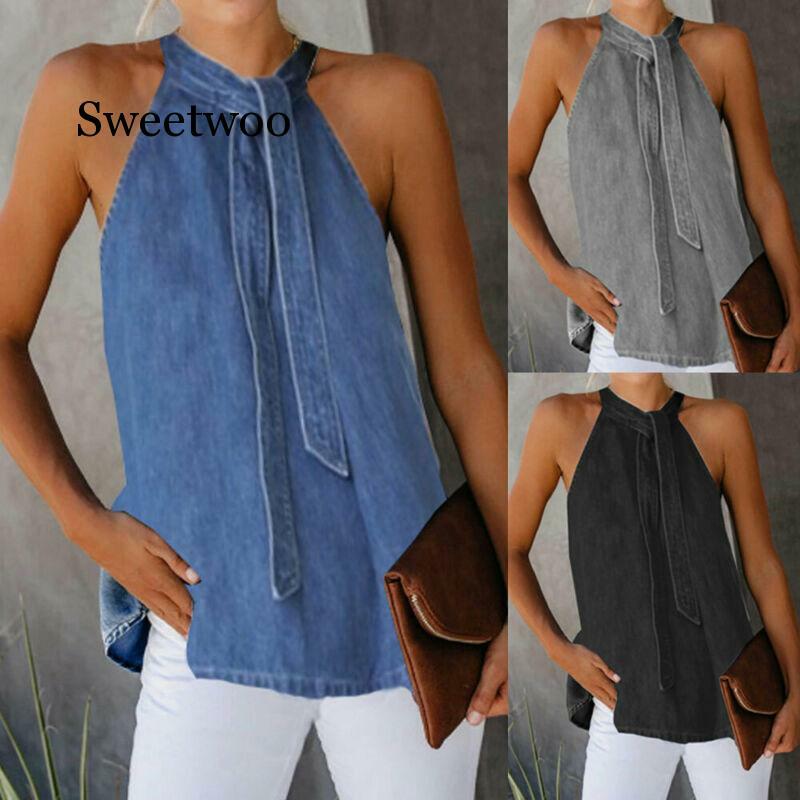 Summer Fashion Women's Sexy Halter Bandage Sleeveless Blouses Top Cold Shoulder Ladies Pure Color Loose Tank Tops Blouse Shirts