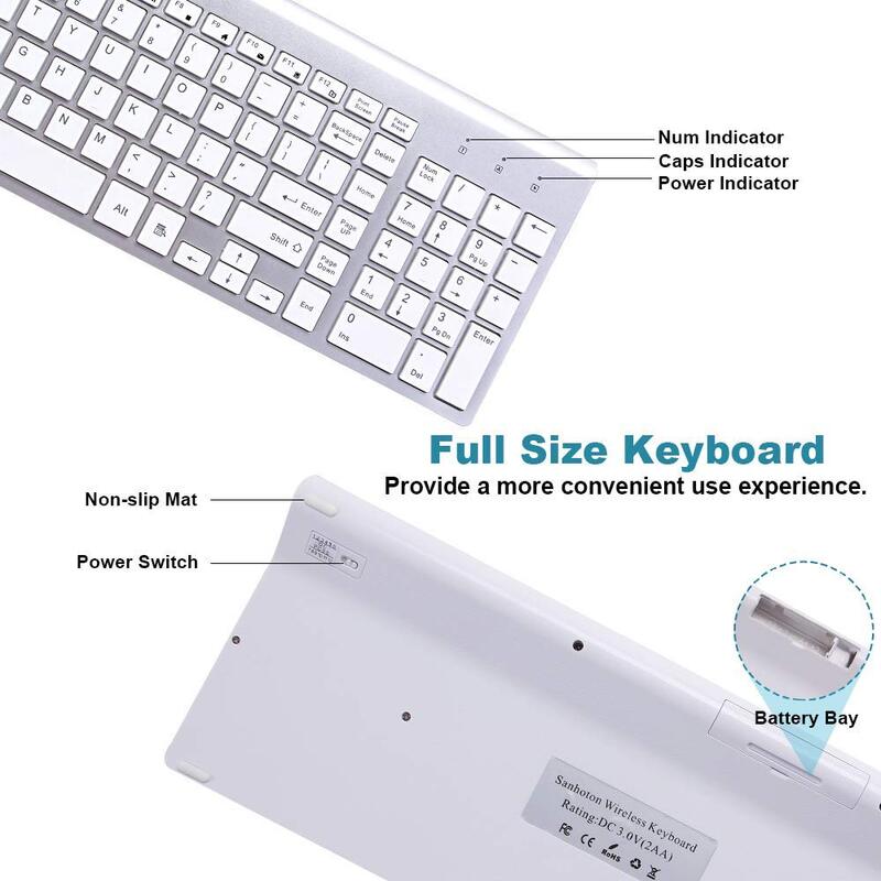 2.4G Wireless Keyboard dan Mouse, Tata Letak AS Tata Letak Kompak, Nyaman Ultra Tipis ergonomis, Perak Putih