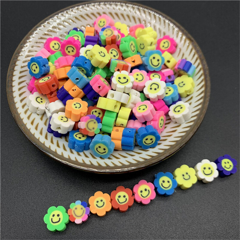 50 unids/lote 10mm de Color arcilla espaciador granos de girasol forma de la cara de la sonrisa granos de arcilla de polímero para joyería DIY accesorios hechos a mano